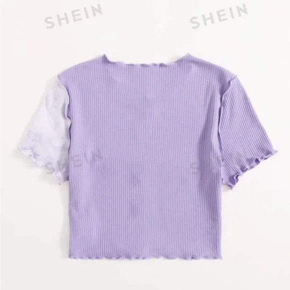 Small SHEIN EZwear Tie Dye Purple Color Block Panel Seam Front Crop Tee - Picture 2 of 7